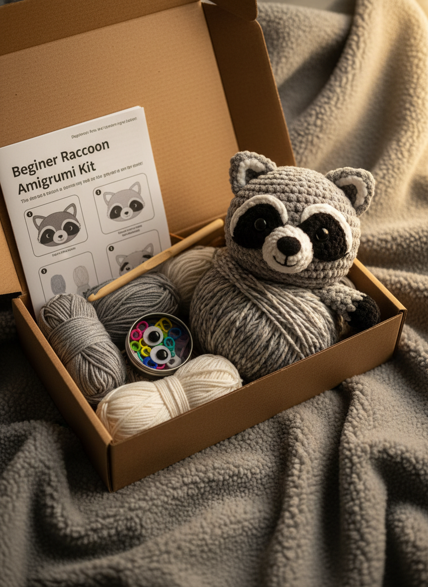 An inviting crochet DIY kit displayed on a soft heather-gray wool blanket, with a partially completed plush raccoon toy emerging from a ball of speckled gray and cream yarn. The kit’s open box reveals neatly bundled yarn skeins, a smooth bamboo crochet hook, stitch markers, pre-threaded safety eyes, and a printed pattern booklet with large, friendly diagrams labeled “Beginner.” Warm, cozy lamplight from the right casts gentle, directional illumination, creating soft shadows in the folds of the blanket and a subtle glow on the raccoon’s stitched features. Photographed from a slightly elevated, close-up angle, the raccoon toy is in crisp focus while the edges of the blanket and box blur softly, generating a welcoming, playful atmosphere that signals a relaxing, gift-ready project in realistic, tactile detail.