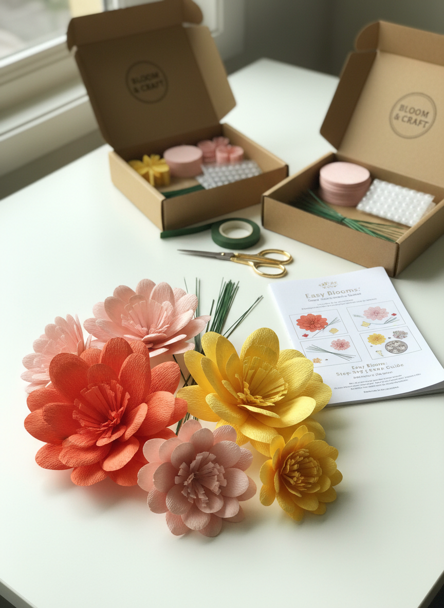 A close-up photographic image of an all-in-one paper flower DIY kit mid-project, with several finished blossoms in coral, blush pink, and sunshine yellow fanned across a smooth white desk. Open kraft-paper boxes reveal pre-cut petals, floral wire, adhesive dots, and a folded, illustrated instruction booklet. A pair of small precision scissors and a neatly wound roll of floral tape rest nearby. Diffused afternoon light from the left creates soft highlights on the petals’ textured cardstock and gentle shadows that add depth. Captured from a slightly elevated angle, the main flower cluster is in sharp focus while the background edges fall into a delicate bokeh, conveying a cheerful, approachable, beginner-friendly crafting mood with vibrant yet tidy photographic realism.