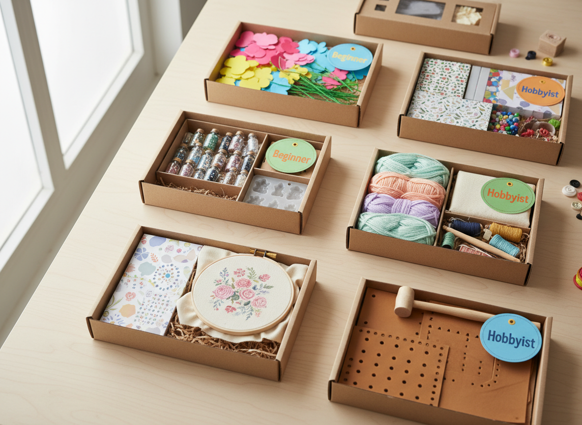 A playful flatlay of assorted DIY craft kits arranged on a pale birch tabletop, each box labeled with bold, friendly “Beginner” or “Hobbyist” tags. Open kits reveal neatly organized materials: bright paper flower petals, tiny glass resin bottles, soft pastel yarn cakes, embroidery hoops with printed guides, leather pieces with pre-punched holes, and patterned decoupage papers. Soft natural light from a nearby window creates gentle, realistic shadows and subtle highlights on glossy packaging and matte textures. Shot from a bird’s eye view with photographic realism, the composition is clean and airy, with negative space around the edges and a shallow depth of field that keeps the central kits crisp while softly blurring the outer accessories, evoking an inviting, gift-ready, creative atmosphere.