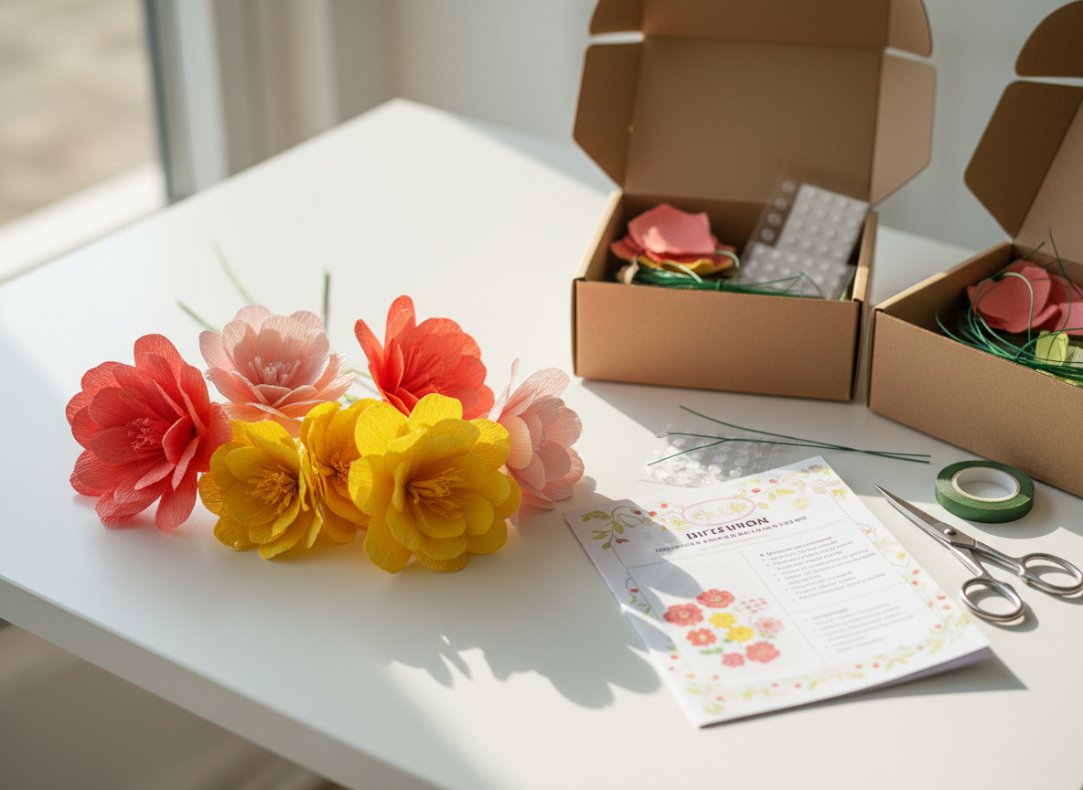 A close-up photographic image of an all-in-one paper flower DIY kit mid-project, with several finished blossoms in coral, blush pink, and sunshine yellow fanned across a smooth white desk. Open kraft-paper boxes reveal pre-cut petals, floral wire, adhesive dots, and a folded, illustrated instruction booklet. A pair of small precision scissors and a neatly wound roll of floral tape rest nearby. Diffused afternoon light from the left creates soft highlights on the petals’ textured cardstock and gentle shadows that add depth. Captured from a slightly elevated angle, the main flower cluster is in sharp focus while the background edges fall into a delicate bokeh, conveying a cheerful, approachable, beginner-friendly crafting mood with vibrant yet tidy photographic realism.
