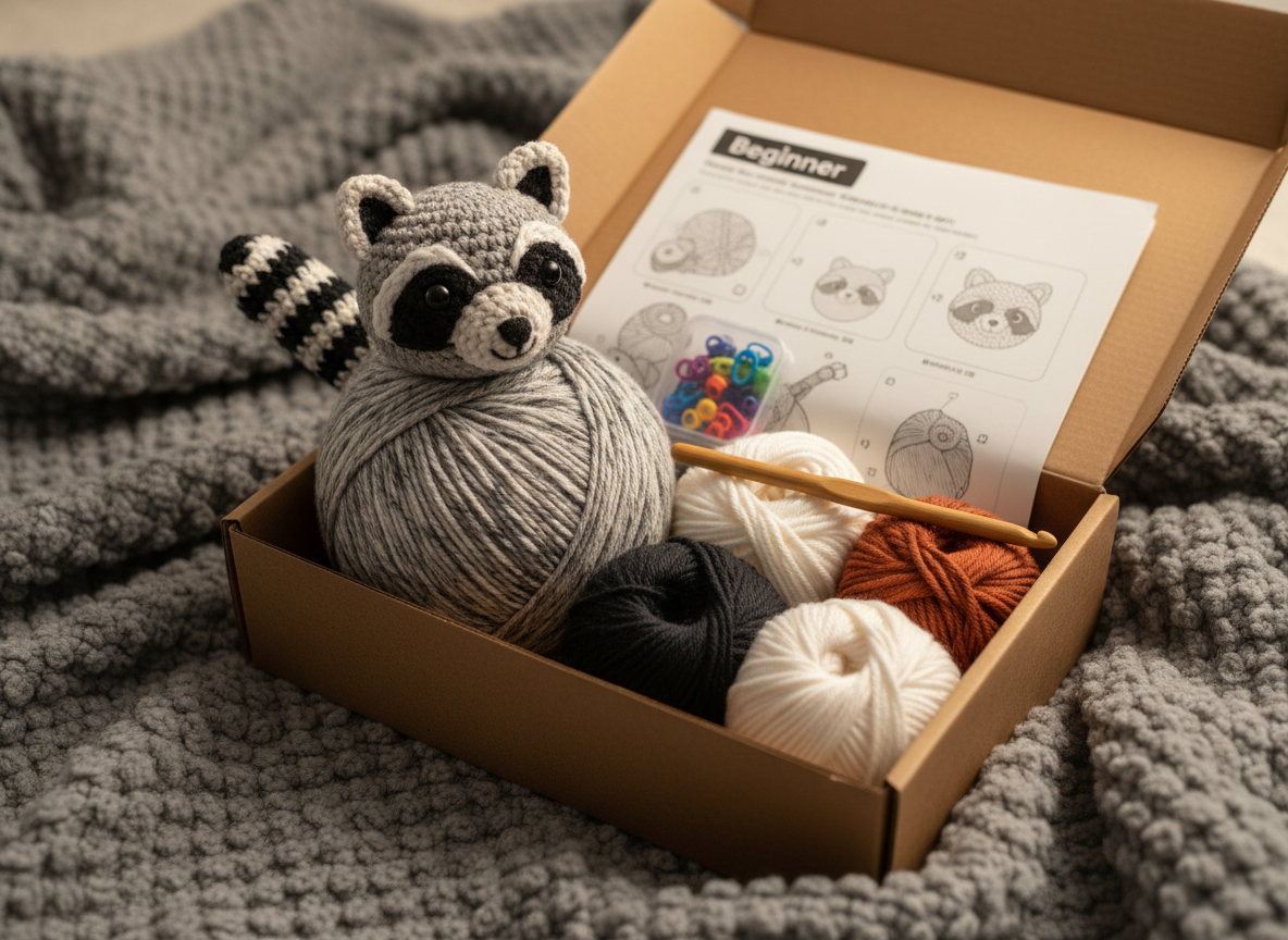 An inviting crochet DIY kit displayed on a soft heather-gray wool blanket, with a partially completed plush raccoon toy emerging from a ball of speckled gray and cream yarn. The kit’s open box reveals neatly bundled yarn skeins, a smooth bamboo crochet hook, stitch markers, pre-threaded safety eyes, and a printed pattern booklet with large, friendly diagrams labeled “Beginner.” Warm, cozy lamplight from the right casts gentle, directional illumination, creating soft shadows in the folds of the blanket and a subtle glow on the raccoon’s stitched features. Photographed from a slightly elevated, close-up angle, the raccoon toy is in crisp focus while the edges of the blanket and box blur softly, generating a welcoming, playful atmosphere that signals a relaxing, gift-ready project in realistic, tactile detail.