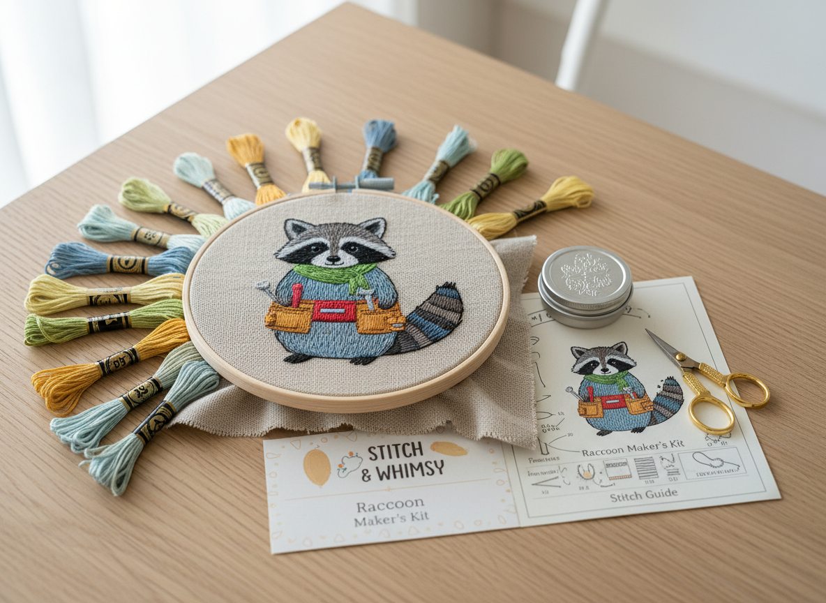 An embroidery DIY kit focused on a whimsical raccoon-in-a-toolbelt design already half-stitched in a wooden hoop, resting on a clean, pale oak tabletop. Colorful, pre-sorted floss strands radiate from a branded card, each labeled with easy-to-read numbers. A small metal needle tin, thread snips, and a folded, illustrated stitch guide lie neatly beside the hoop. Gentle morning window light washes in from the top left, creating a soft, even glow that brings out the subtle texture of the linen fabric and the sheen of the embroidery threads. Captured at eye level with a slight diagonal tilt, the composition follows the rule of thirds, leaving airy space in one corner. The photographic realism and bright, playful palette evoke focus and calm, ideal for beginners and hobbyists.