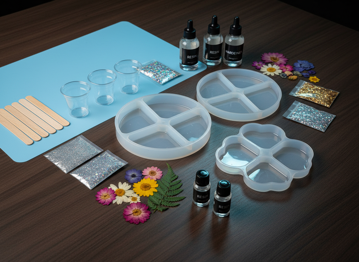 A resin art DIY kit arranged on a dark walnut work surface, featuring two silicone molds—one for coasters and one for small trinket trays—surrounded by tiny labeled bottles of clear resin and hardener, miniature packets of iridescent glitter, metallic flakes, and dried pressed flowers. Wooden stirring sticks and disposable cups are lined up in an orderly row on a reusable silicone mat. Cool, bright overhead studio lighting creates crisp reflections on the glossy resin bottles and a subtle sheen on the molds, emphasizing their flexible texture. Shot from an eye-level three-quarter angle, the composition centers the molds while tools frame them, with sharp focus throughout. The mood is experimental yet organized, highlighting that everything needed comes in the box, presented in a clean, modern, photographic style.
