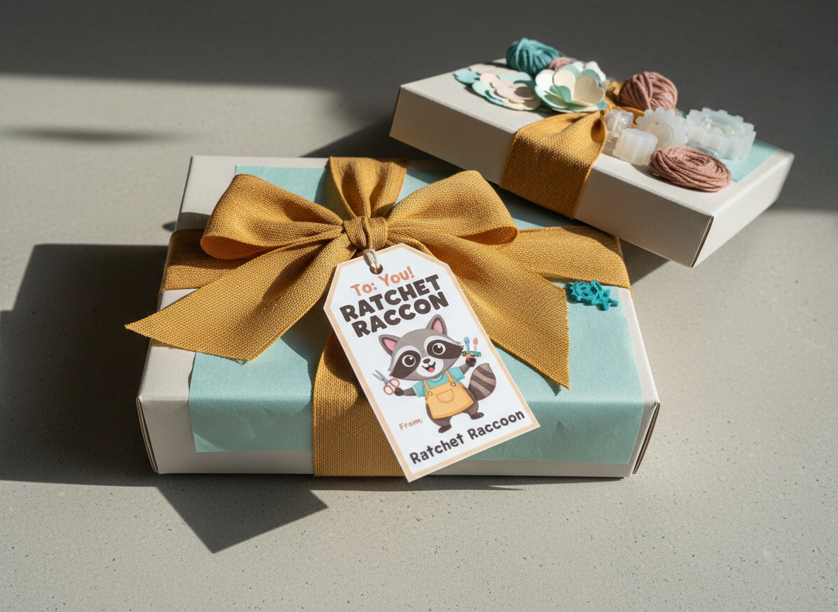 A gift-ready Ratchet Raccoon DIY kit box styled as a present on a light concrete surface, wrapped with a wide, mustard-yellow fabric ribbon and a playful illustrated tag featuring a cartoon raccoon holding tiny crafting tools. The lid is partially open to reveal color-coordinated tissue paper and a peek of assorted materials—paper petals, yarn, and resin molds—hinting at multiple craft options. Soft, diffused daylight from an off-camera window creates delicate shadows around the box and a subtle highlight along the ribbon’s woven texture. Shot from a slightly elevated, centered composition with a shallow depth of field, the box and tag are sharply defined while the background softly dissolves. The overall mood is festive, welcoming, and slightly mischievous, perfectly capturing a playful, photographic aesthetic for gifting creativity in a single package.