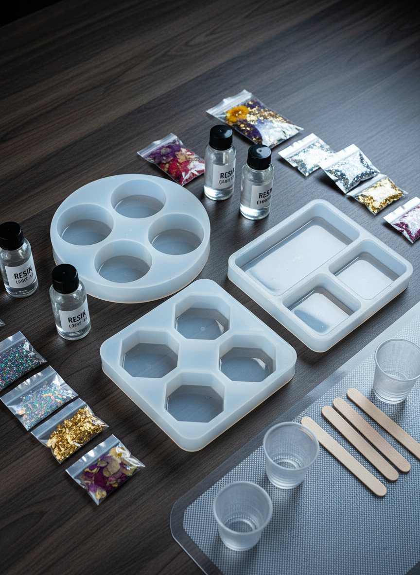 A resin art DIY kit arranged on a dark walnut work surface, featuring two silicone molds—one for coasters and one for small trinket trays—surrounded by tiny labeled bottles of clear resin and hardener, miniature packets of iridescent glitter, metallic flakes, and dried pressed flowers. Wooden stirring sticks and disposable cups are lined up in an orderly row on a reusable silicone mat. Cool, bright overhead studio lighting creates crisp reflections on the glossy resin bottles and a subtle sheen on the molds, emphasizing their flexible texture. Shot from an eye-level three-quarter angle, the composition centers the molds while tools frame them, with sharp focus throughout. The mood is experimental yet organized, highlighting that everything needed comes in the box, presented in a clean, modern, photographic style.