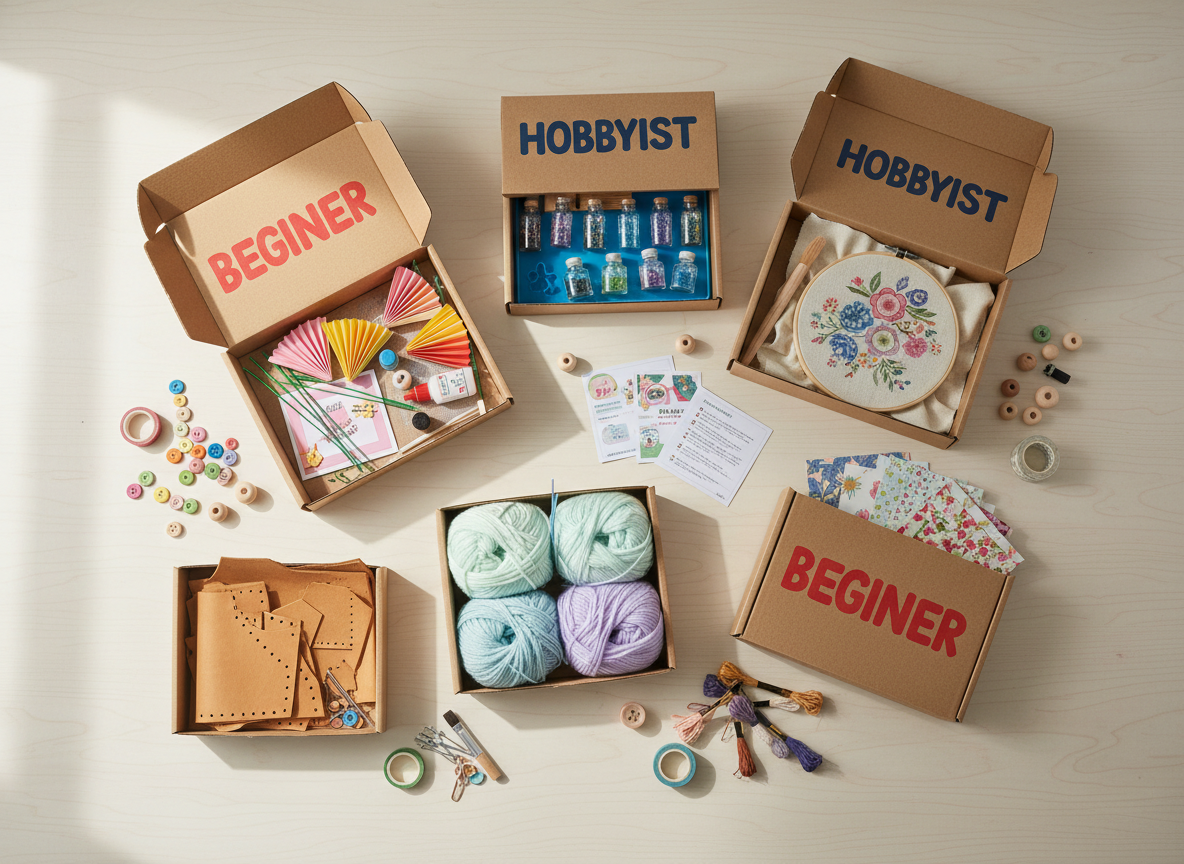 A playful flatlay of assorted DIY craft kits arranged on a pale birch tabletop, each box labeled with bold, friendly “Beginner” or “Hobbyist” tags. Open kits reveal neatly organized materials: bright paper flower petals, tiny glass resin bottles, soft pastel yarn cakes, embroidery hoops with printed guides, leather pieces with pre-punched holes, and patterned decoupage papers. Soft natural light from a nearby window creates gentle, realistic shadows and subtle highlights on glossy packaging and matte textures. Shot from a bird’s eye view with photographic realism, the composition is clean and airy, with negative space around the edges and a shallow depth of field that keeps the central kits crisp while softly blurring the outer accessories, evoking an inviting, gift-ready, creative atmosphere.