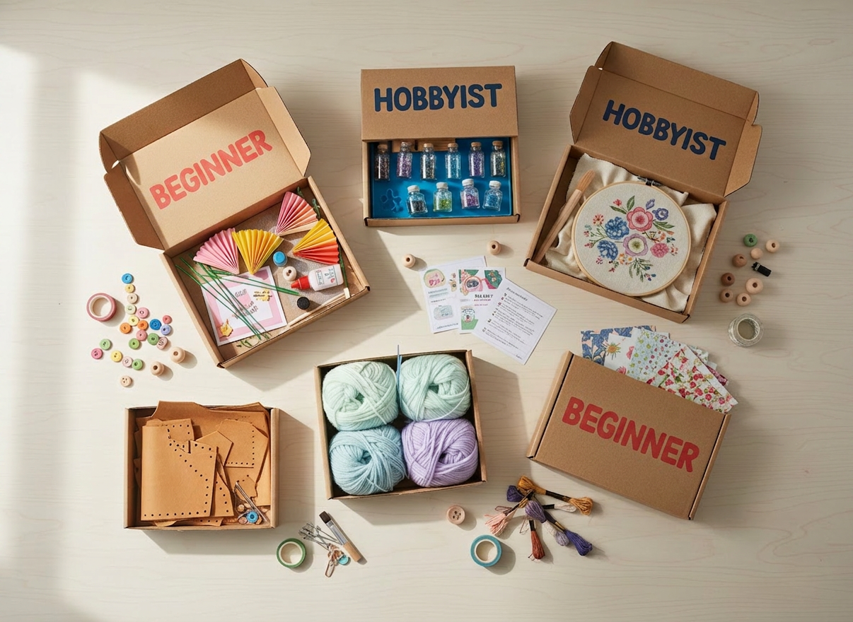 A playful flatlay of assorted DIY craft kits arranged on a pale birch tabletop, each box labeled with bold, friendly “Beginner” or “Hobbyist” tags. Open kits reveal neatly organized materials: bright paper flower petals, tiny glass resin bottles, soft pastel yarn cakes, embroidery hoops with printed guides, leather pieces with pre-punched holes, and patterned decoupage papers. Soft natural light from a nearby window creates gentle, realistic shadows and subtle highlights on glossy packaging and matte textures. Shot from a bird’s eye view with photographic realism, the composition is clean and airy, with negative space around the edges and a shallow depth of field that keeps the central kits crisp while softly blurring the outer accessories, evoking an inviting, gift-ready, creative atmosphere.