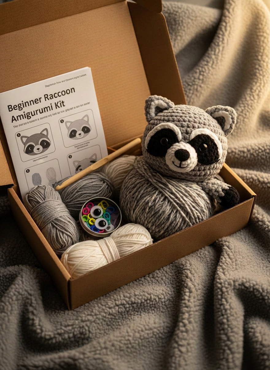 An inviting crochet DIY kit displayed on a soft heather-gray wool blanket, with a partially completed plush raccoon toy emerging from a ball of speckled gray and cream yarn. The kit’s open box reveals neatly bundled yarn skeins, a smooth bamboo crochet hook, stitch markers, pre-threaded safety eyes, and a printed pattern booklet with large, friendly diagrams labeled “Beginner.” Warm, cozy lamplight from the right casts gentle, directional illumination, creating soft shadows in the folds of the blanket and a subtle glow on the raccoon’s stitched features. Photographed from a slightly elevated, close-up angle, the raccoon toy is in crisp focus while the edges of the blanket and box blur softly, generating a welcoming, playful atmosphere that signals a relaxing, gift-ready project in realistic, tactile detail.