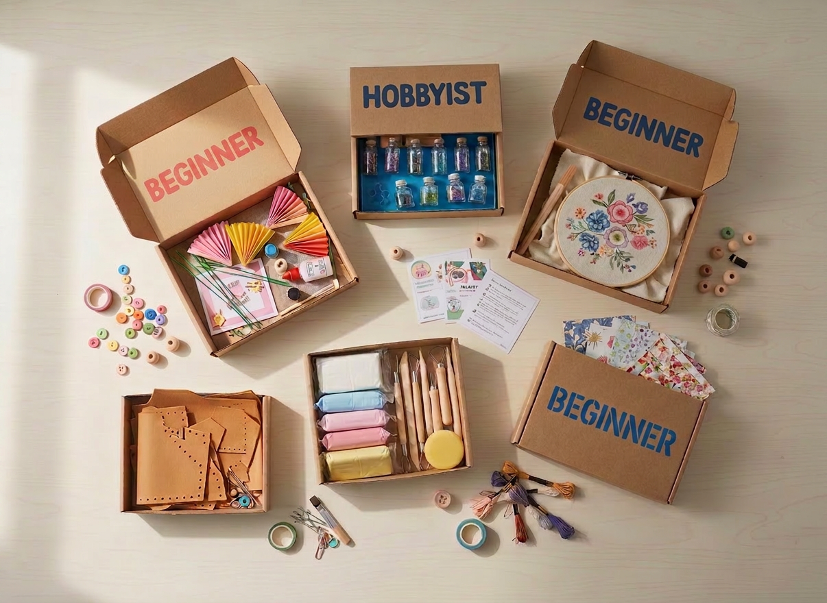 A playful flatlay of assorted DIY craft kits arranged on a pale birch tabletop, each box labeled with bold, friendly “Beginner” or “Hobbyist” tags. Open kits reveal neatly organized materials: bright paper flower petals, tiny glass resin bottles, soft pastel yarn cakes, embroidery hoops with printed guides, leather pieces with pre-punched holes, and patterned decoupage papers. Soft natural light from a nearby window creates gentle, realistic shadows and subtle highlights on glossy packaging and matte textures. Shot from a bird’s eye view with photographic realism, the composition is clean and airy, with negative space around the edges and a shallow depth of field that keeps the central kits crisp while softly blurring the outer accessories, evoking an inviting, gift-ready, creative atmosphere.